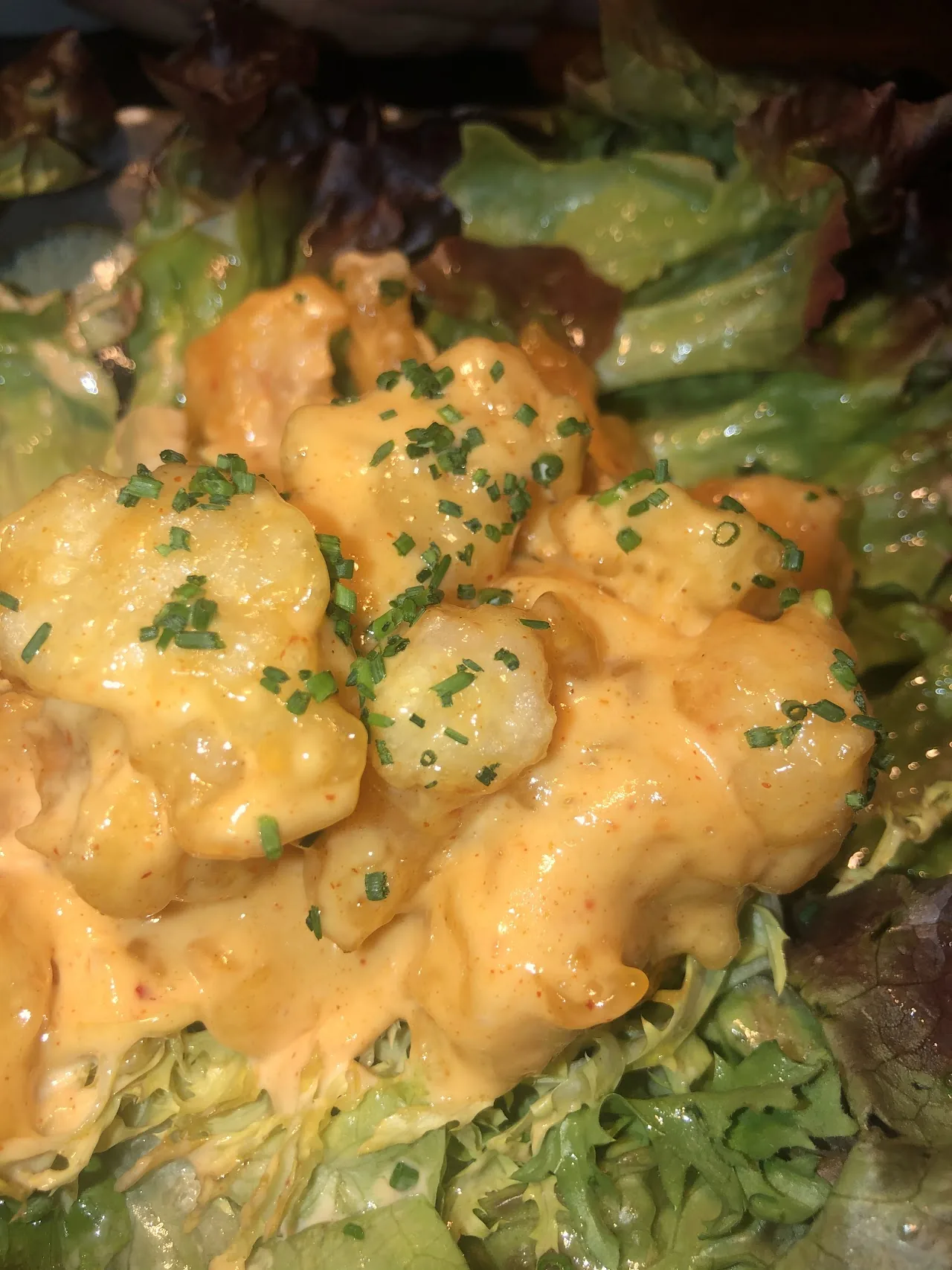 Shrimp in a creamy sauce over shredded lettuce