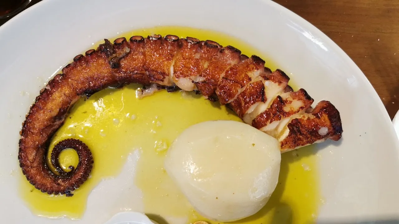 Grilled octopus tentacle with olive oil and a potato puree