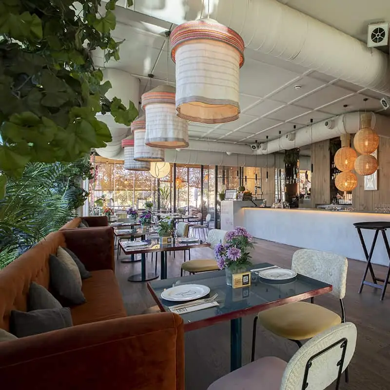 Plant-filled dining room with woven cylindrical pendant lamps, rust velvet banquettes and set tables leading to a pale bar