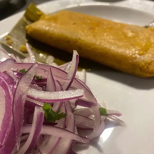 Tamal with sliced red onion salsa criolla on a white plate