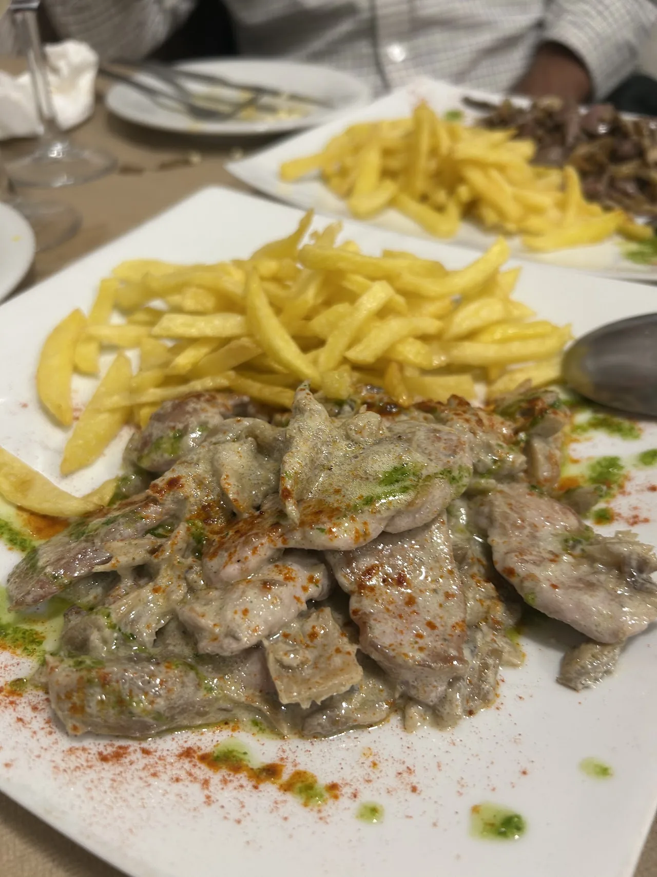 Sliced meat with a side of french fries