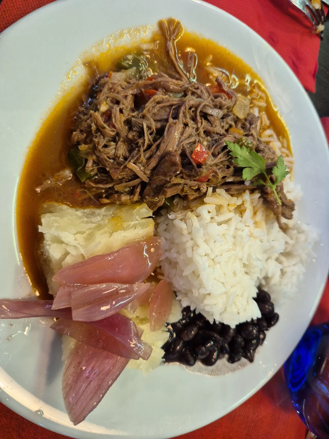A plate of shredded beef ropa vieja with rice, beans, and plantain