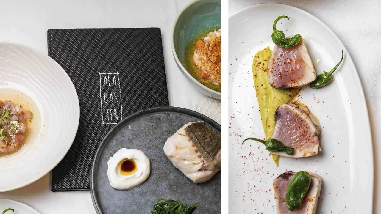 Plated tartare, fish fillet with cream sauce, and seared tuna loin with green sauce and pimientos de padron