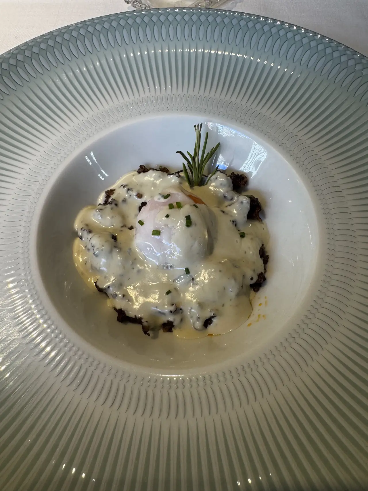 Poached egg over a creamy sauce with mushrooms and a rosemary sprig in a shallow bowl