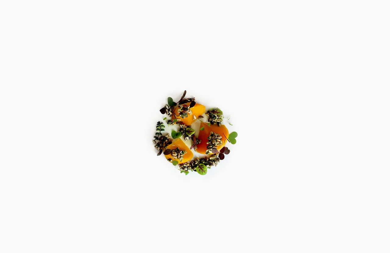 An overhead plate on white: wedges of soft orange squash strewn with toasted pumpkin and sunflower seeds bound in green herb dressing, a white cream pool undern