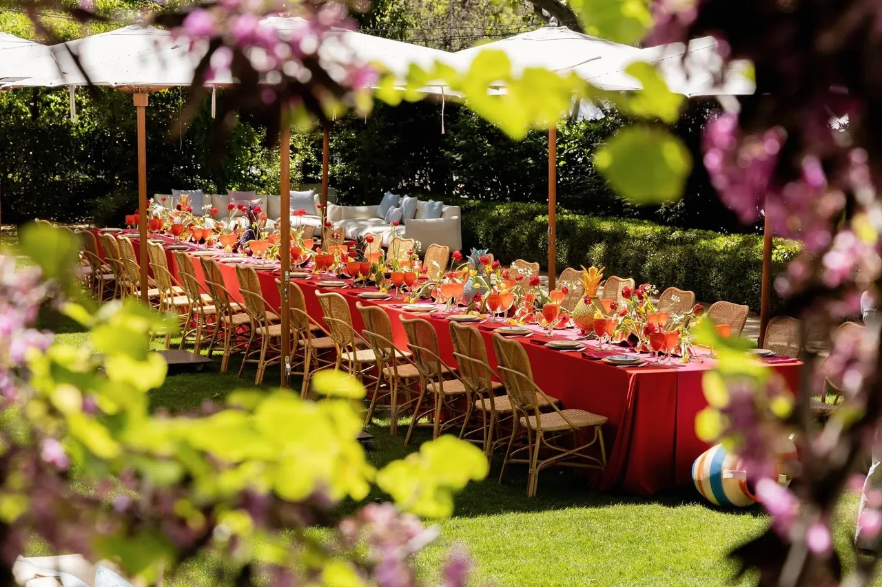A long red-clothed table laid in a sunny garden under white parasols and blossoming branches