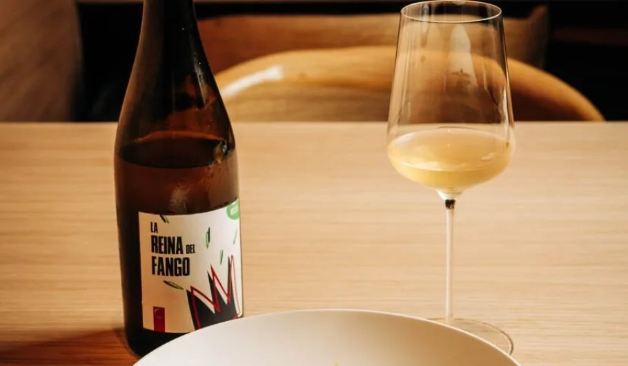A glass of white wine beside a bottle on a light wooden table