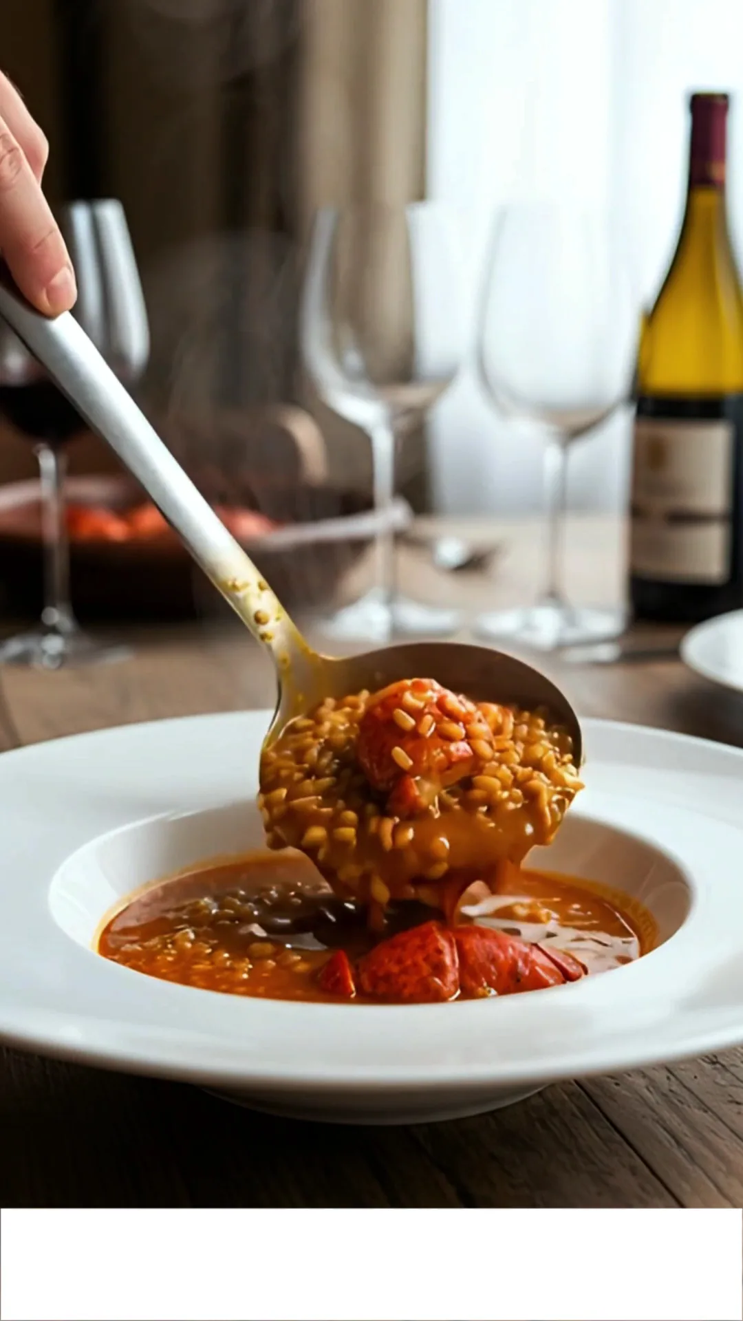 A spoon lifting a meatball from a bowl of tomato stew
