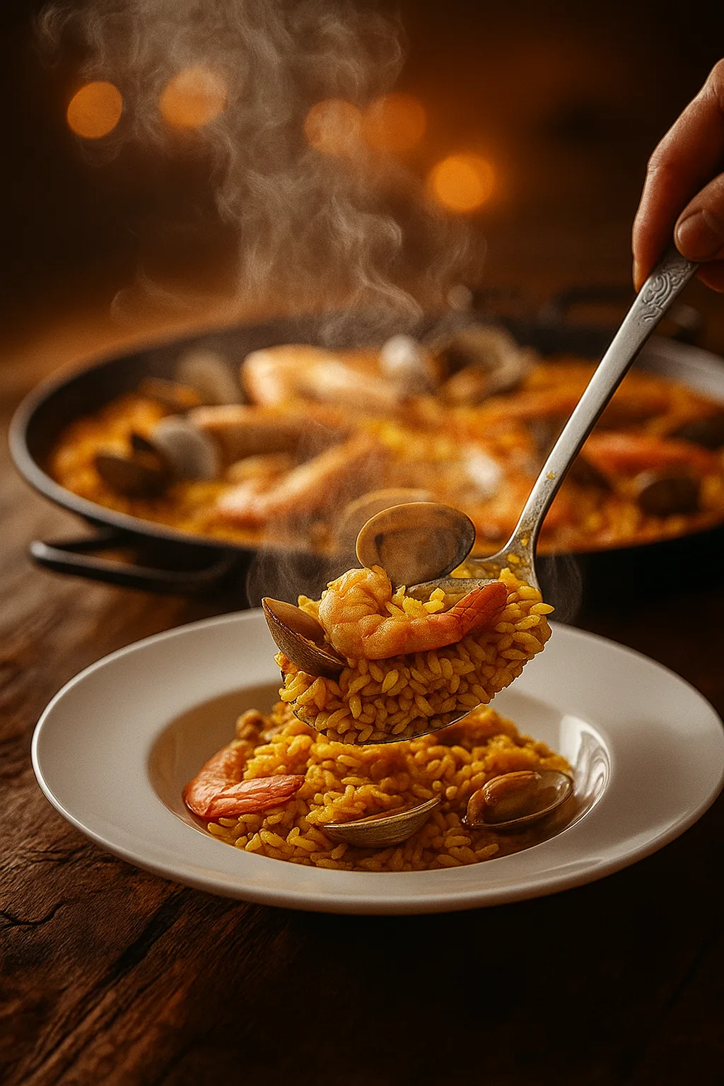 A spoon lifting steaming seafood rice with mussels from a plate