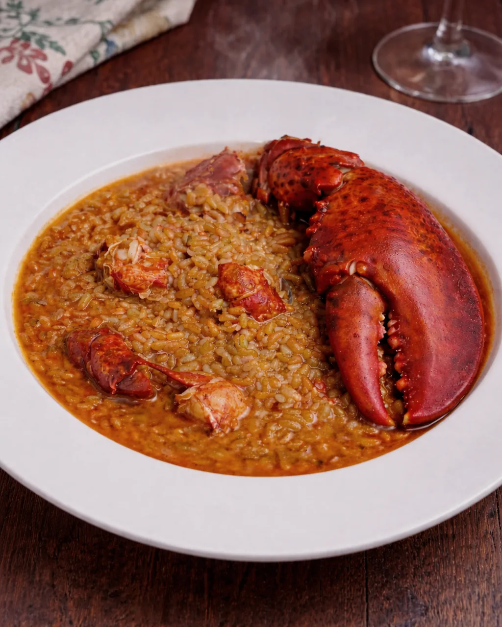 Rice with lobster claws and pieces in a wide white bowl