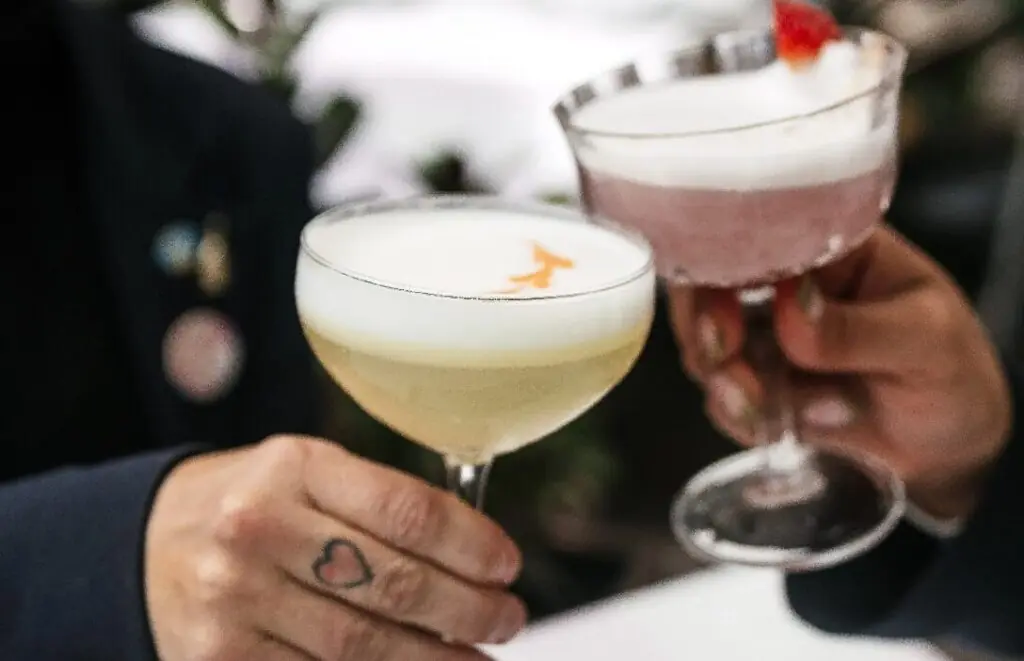 Two cocktails clinked together, one pale yellow with orange garnish, one pink with foam