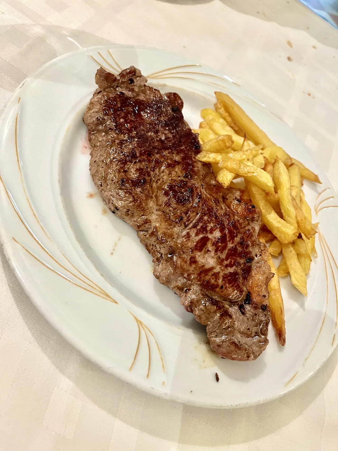 A grilled steak fillet with a side of fries on a white plate
