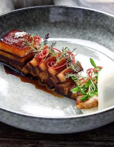 A slab of scored braised pork belly in dark glossy sauce in a grey stoneware bowl, topped with red chilli curls, herb sprigs and pea shoots