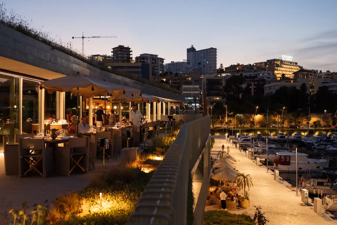 The Azotea Club de Mar rooftop terrace at dusk