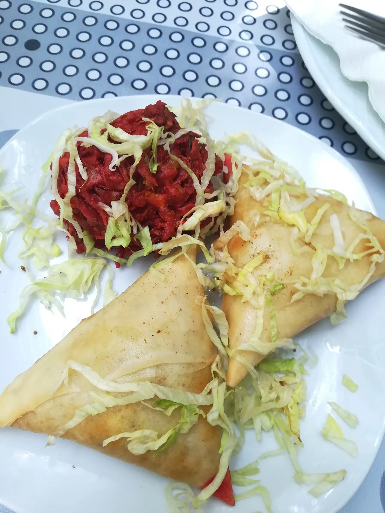 A folded samosa wrap on a plate with shredded cabbage salad