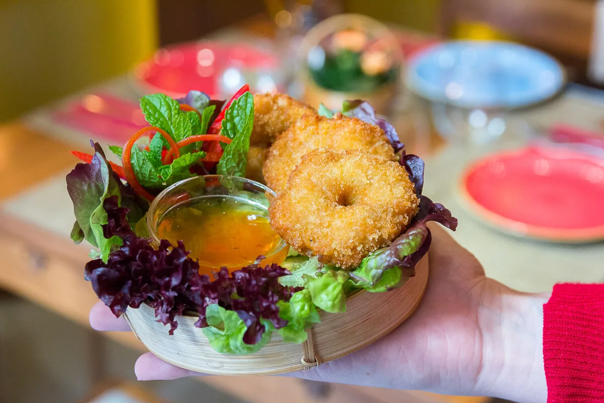 A hand presenting a fried dumpling dish with dipping sauce and greens