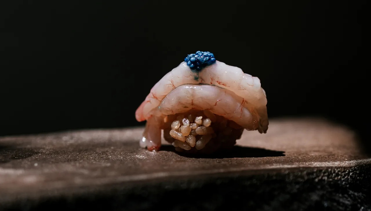 A single piece of nigiri topped with a pale prawn and dark blue roe on a dark stone surface