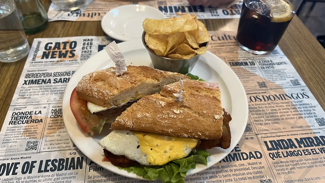 A crusty bread sandwich cut in half on a plate with potato chips