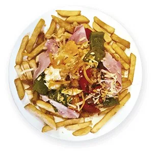 A plate of chips topped with strips of ham, melted cheese, green pepper and tomato