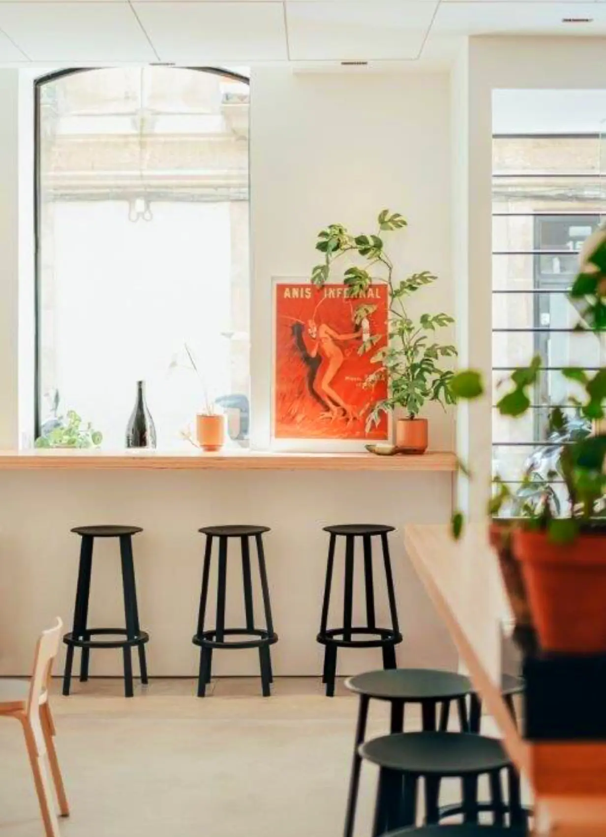 Bright corner of the bar with stools and a plant at Bar Salvatge.