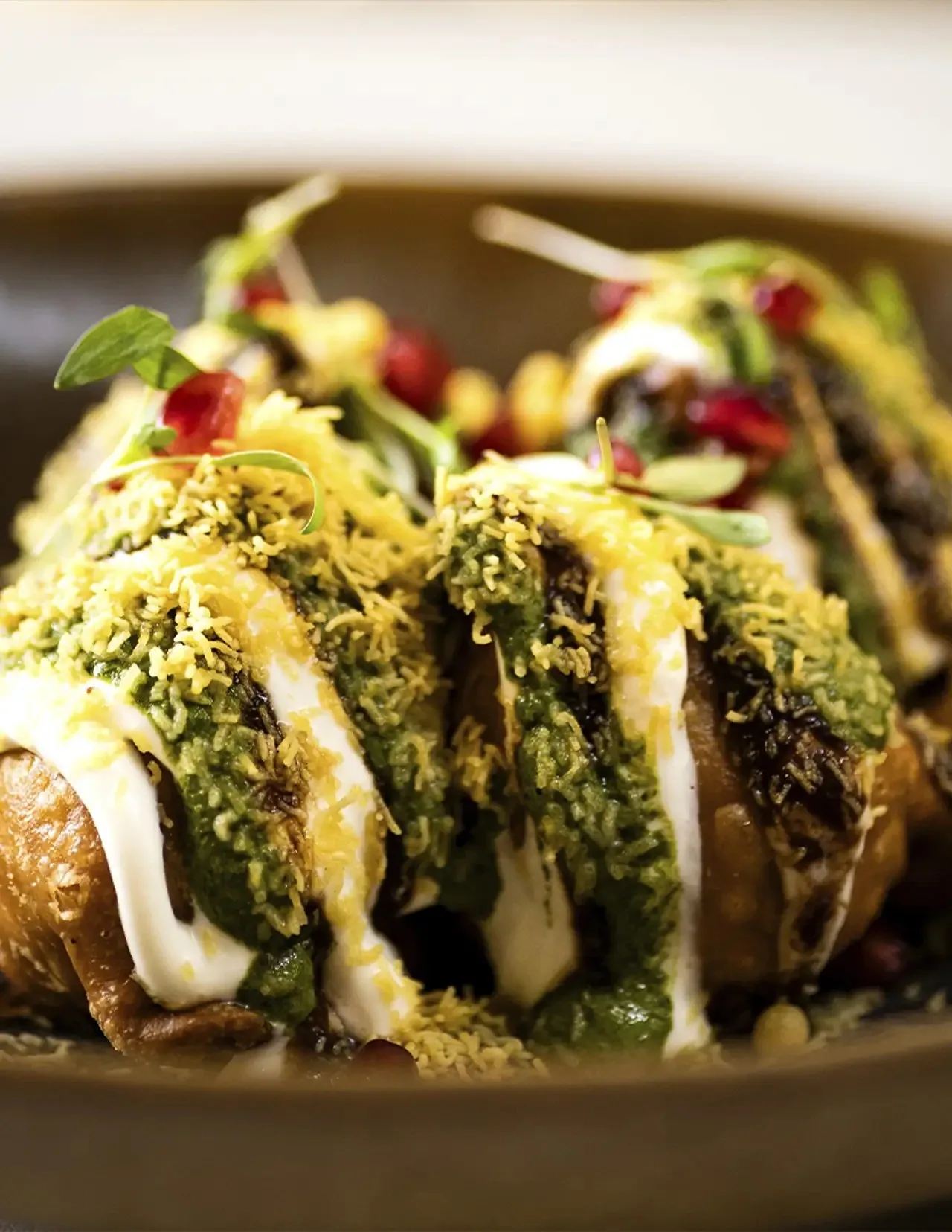 A plate of crisp shells topped with green chutney, yoghurt and pomegranate seeds