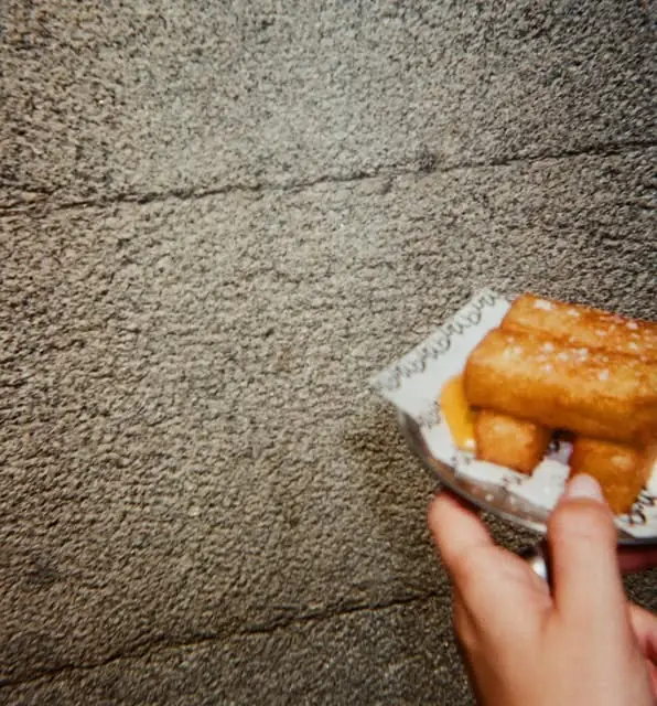 Hand holding a printed paper tray of golden fried sticks dusted with coarse salt against a grey stone wall