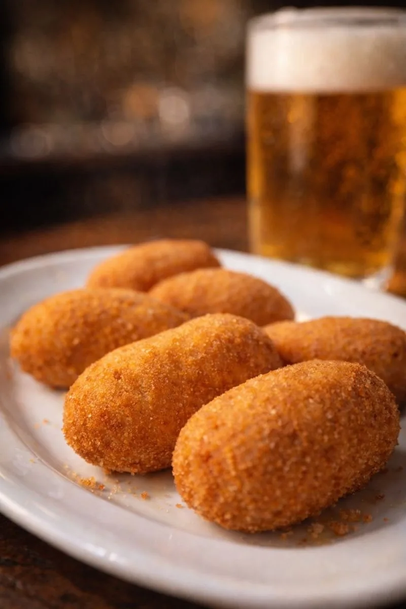 Golden fried croquetas on a white plate next to a glass of beer
