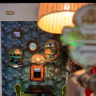 Interior wall papered with tropical palm-leaf print, hung with an array of framed mirrors and lampshades above yellow chairs