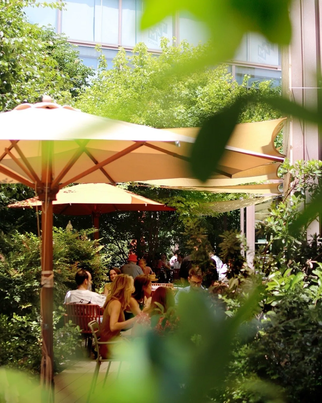 Diners seated under large parasols among trees and greenery on a garden terrace