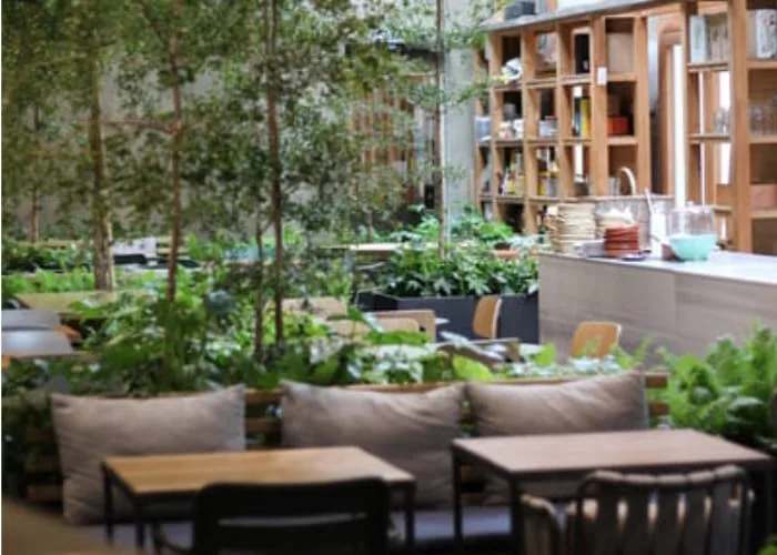 Cushioned banquettes and wooden tables among plants and trees in a garden dining area