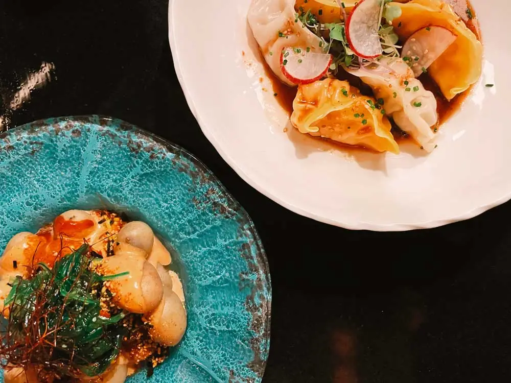 Two plated Asian dishes overhead: dumplings in dark sauce with radish and microgreens, and a seafood dish on a blue plate