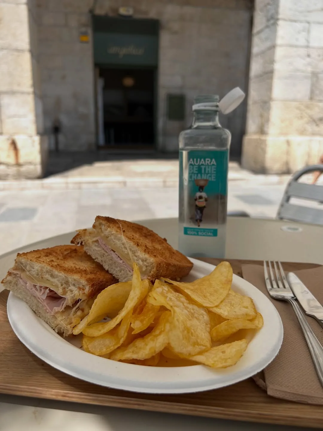 Toasted sandwich with melted cheese and ham, served with a side of potato chips on a white plate