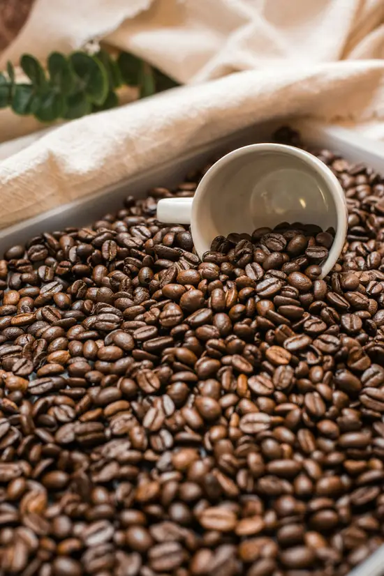 White cup nestled in a tray overflowing with roasted coffee beans, with a cloth and greenery in the background