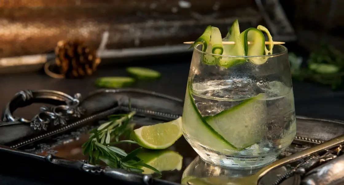 Gin and tonic in a tumbler garnished with cucumber ribbons, lime and rosemary on a silver tray