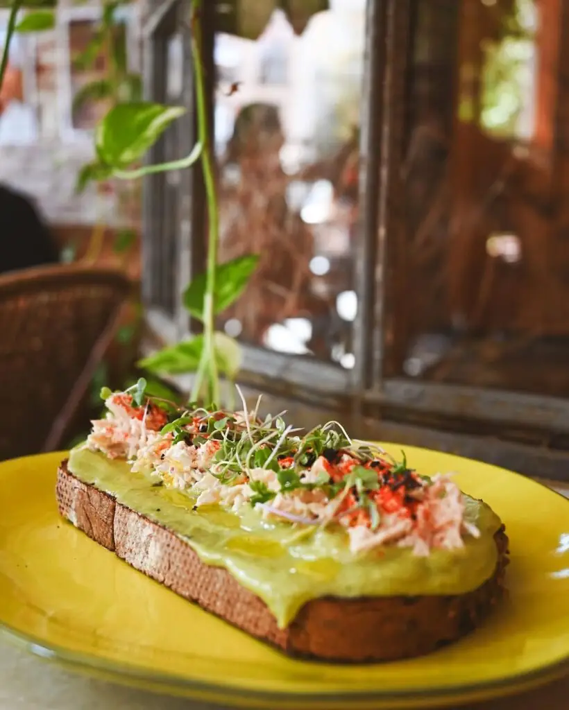 Toast spread with avocado and topped with shredded crab, microgreens and sesame on a yellow plate by a plant-framed window