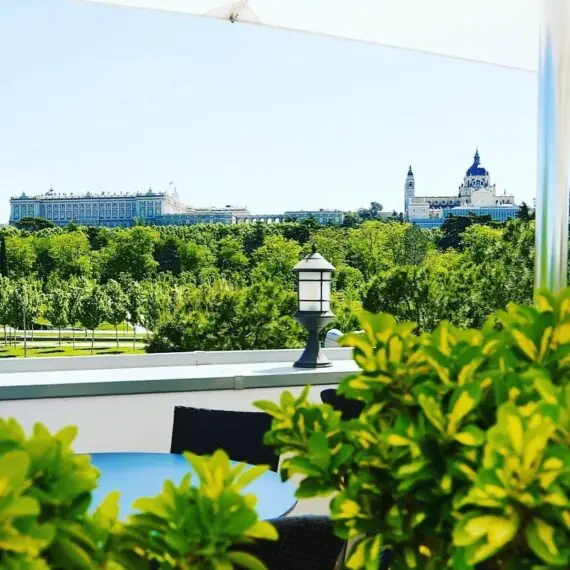 Terrace outlook over greenery toward Madrid's Royal Palace and Almudena Cathedral, terrace planter and chair in foreground