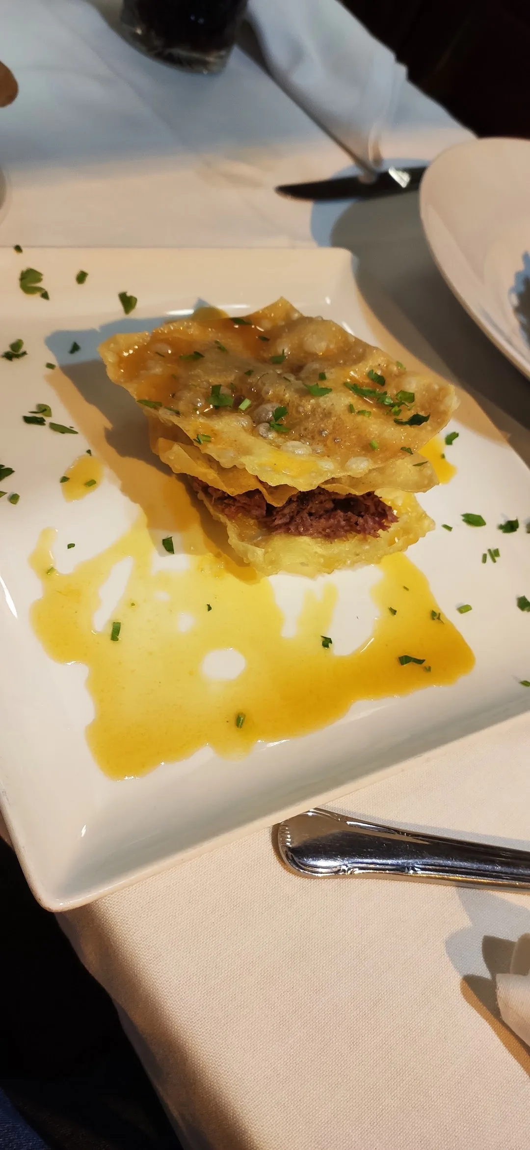 A crispy pastry parcel layered with shredded meat filling, drizzled with a golden sauce and scattered with chopped herbs, on a white plate