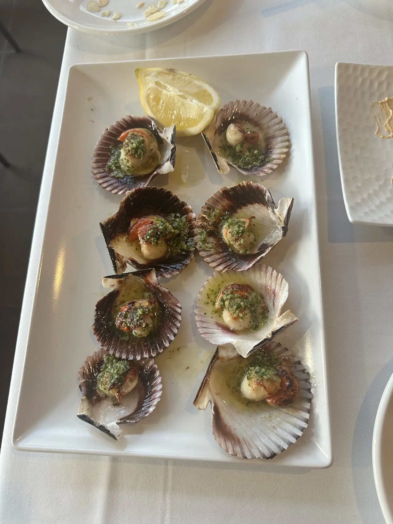 Grilled scallops on the half shell with lemon, on a platter.