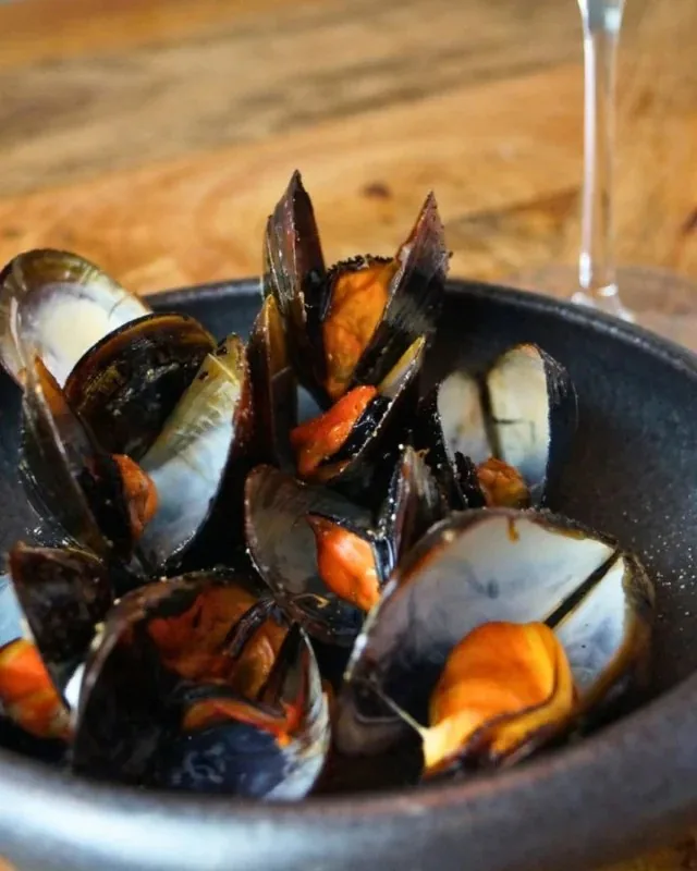 Open mussels in their shells in a dark ceramic bowl with a light tomato dressing, the stem of a wine glass behind