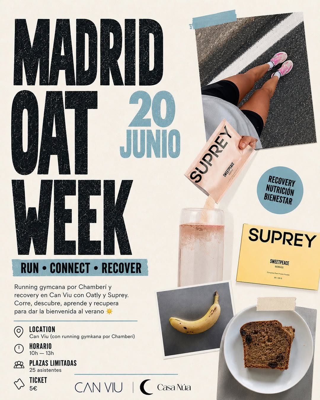 MADRID OAT WEEK @oatly
10:00 — Bienvenida en @canviu.bar con electrolitos de @suprey.life
10:30 — Runkana by @weareca