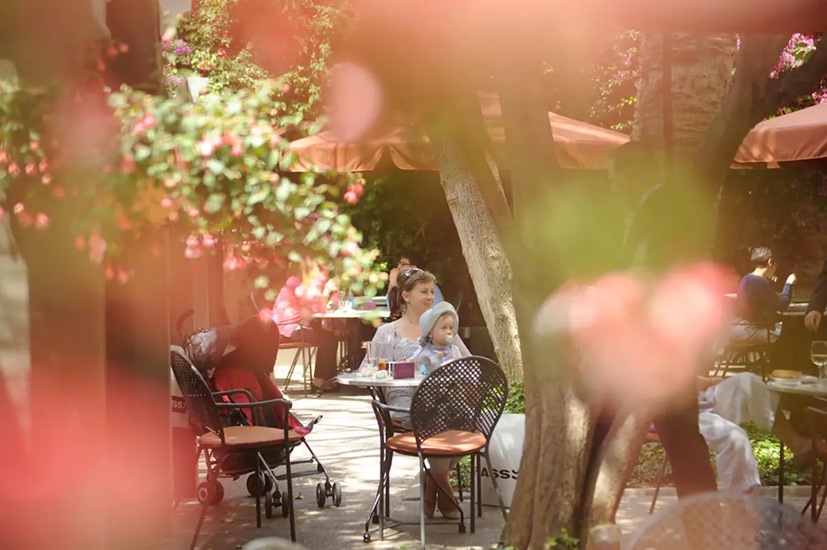 Tables under the trees in the garden courtyard
