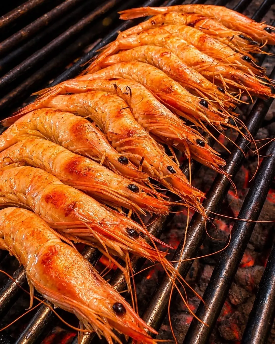 A row of grilled prawns on a charcoal grill