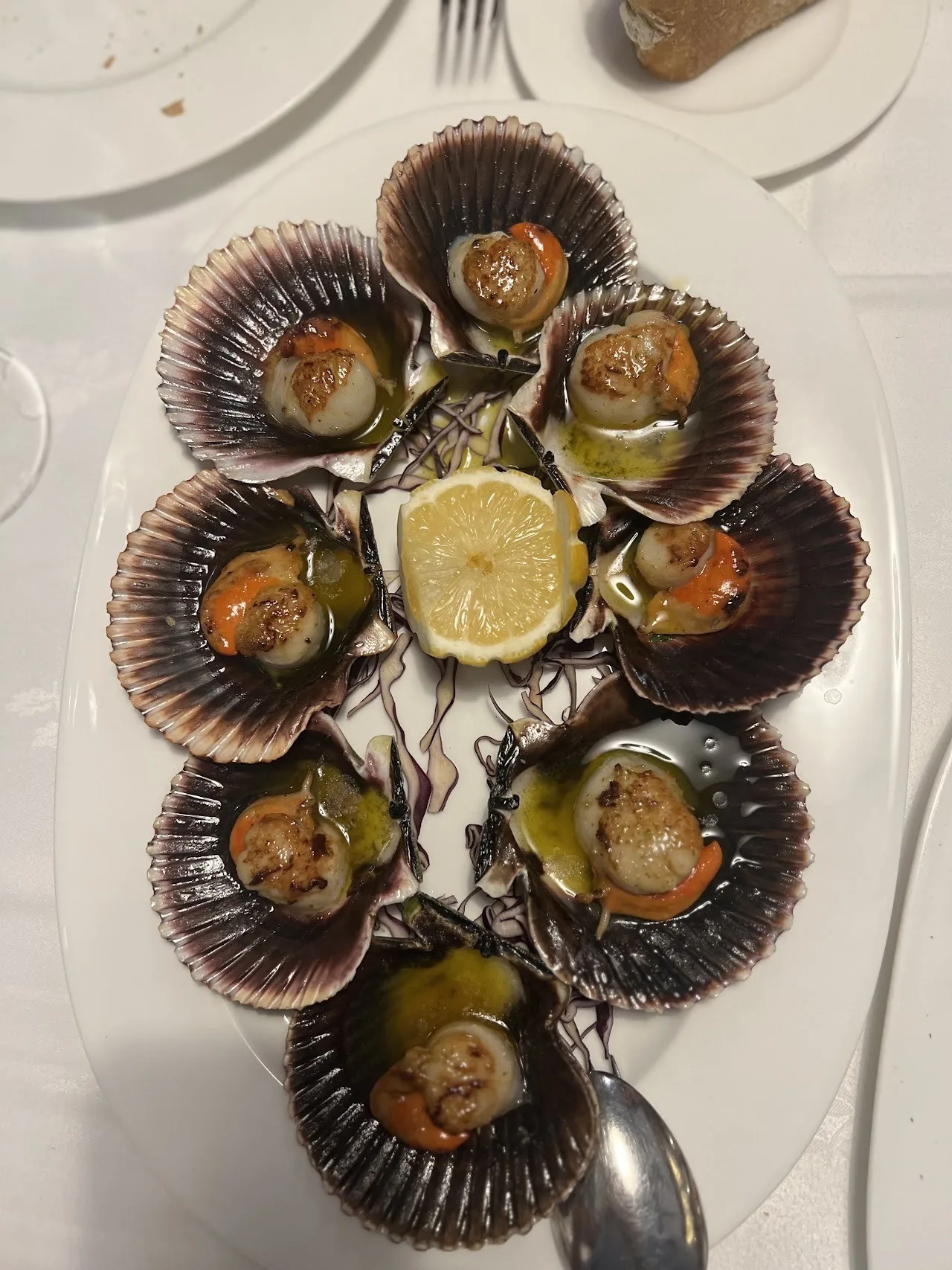 Scallops in their shells on an oval plate with a lemon slice