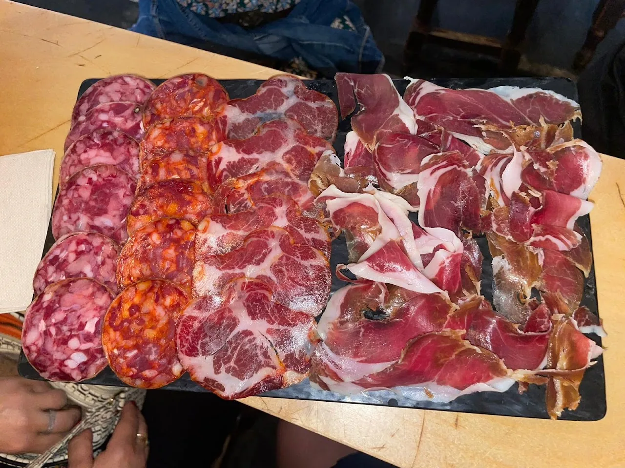 A board of sliced cured meats including chorizo and jamon