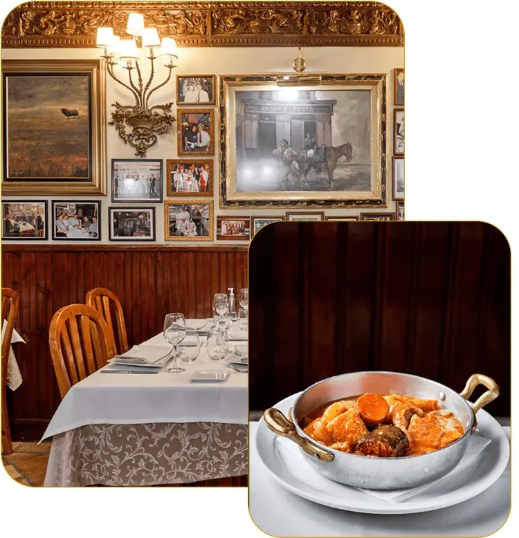 Composite of the tavern dining room with framed pictures and a white-clothed set table, and a copper pan of tripe stew (callos) with chorizo on a plate