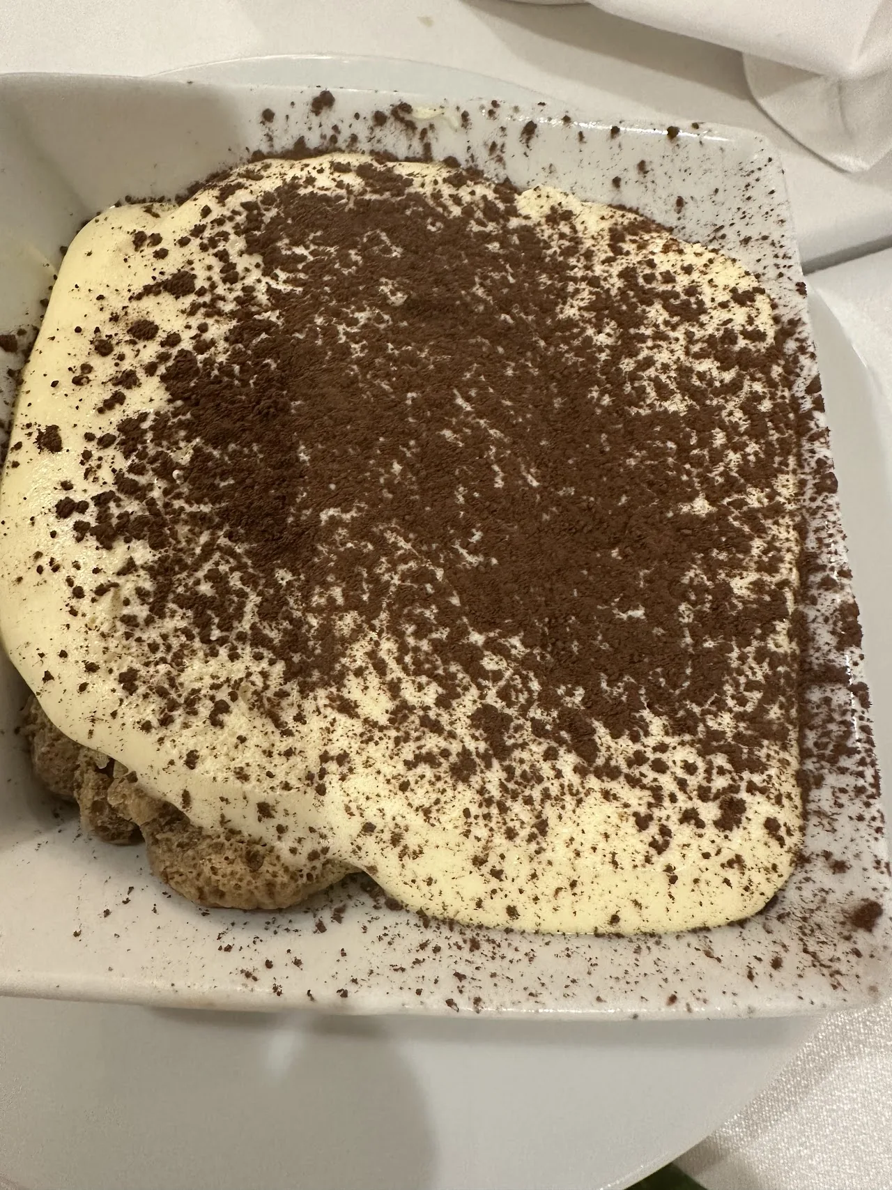 A slice of tiramisu dusted with cocoa powder