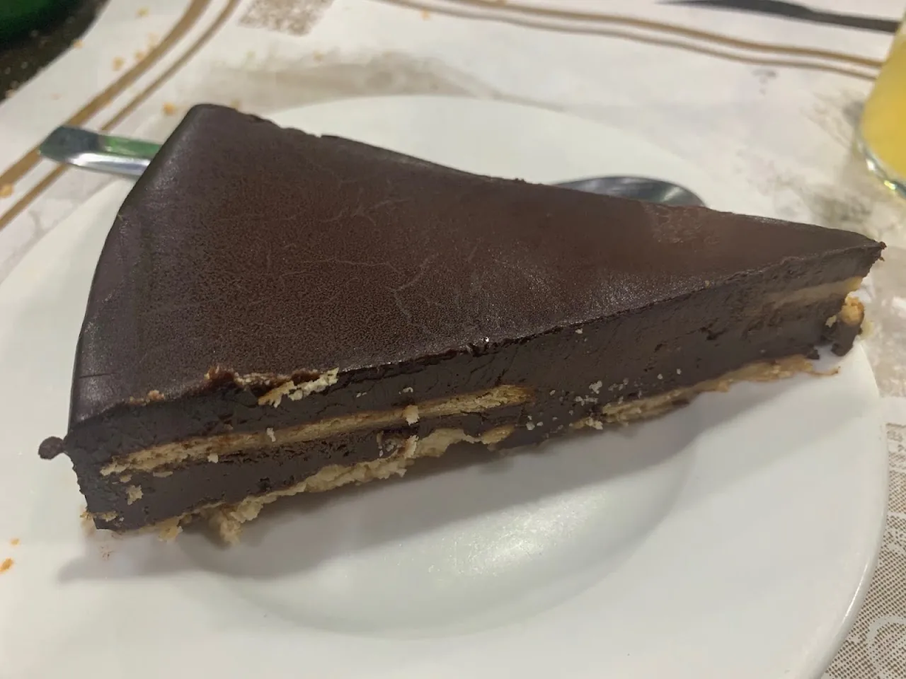 A slice of chocolate layer cake on a plate