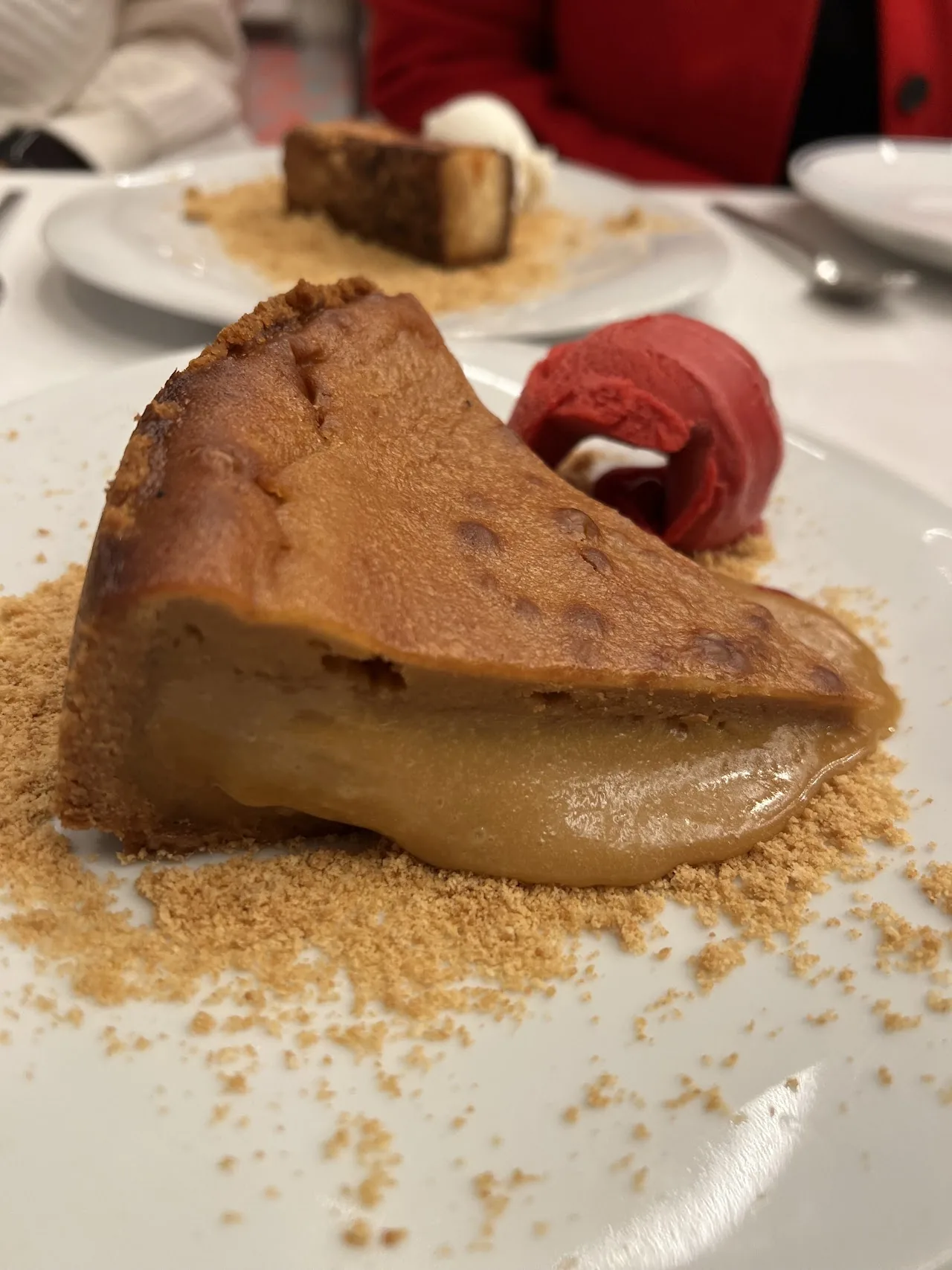 A slice of flan dusted with cinnamon and crumbs