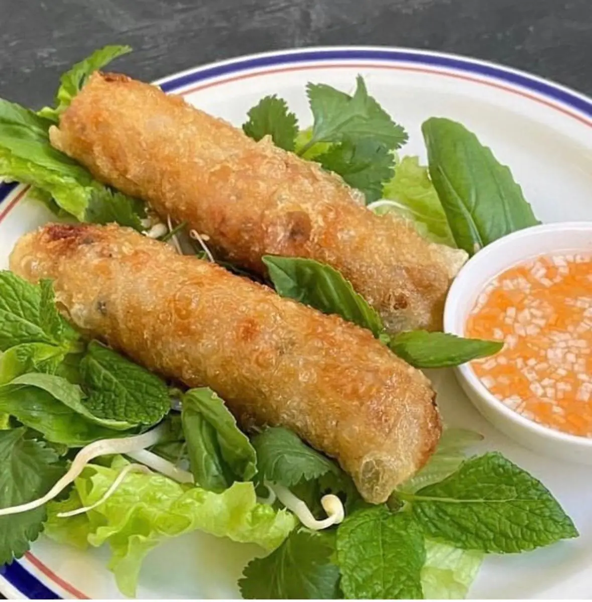 Two fried spring rolls on a bed of fresh herbs with a small bowl of dipping sauce