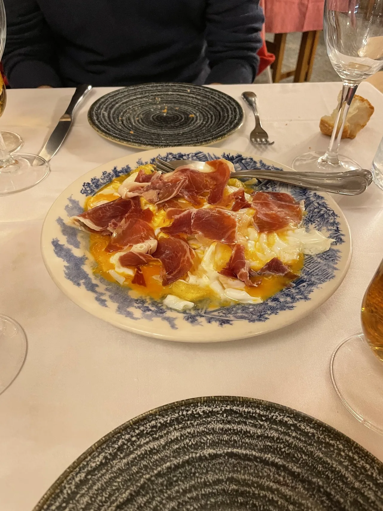 A plate of fried eggs over potatoes topped with slices of cured ham on a blue and white plate.